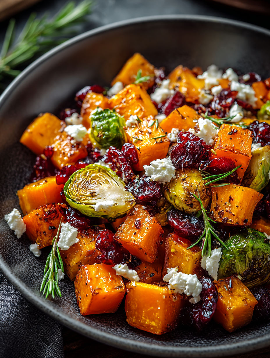 A bowl of roasted butternut squash salad with cranberry glaze.