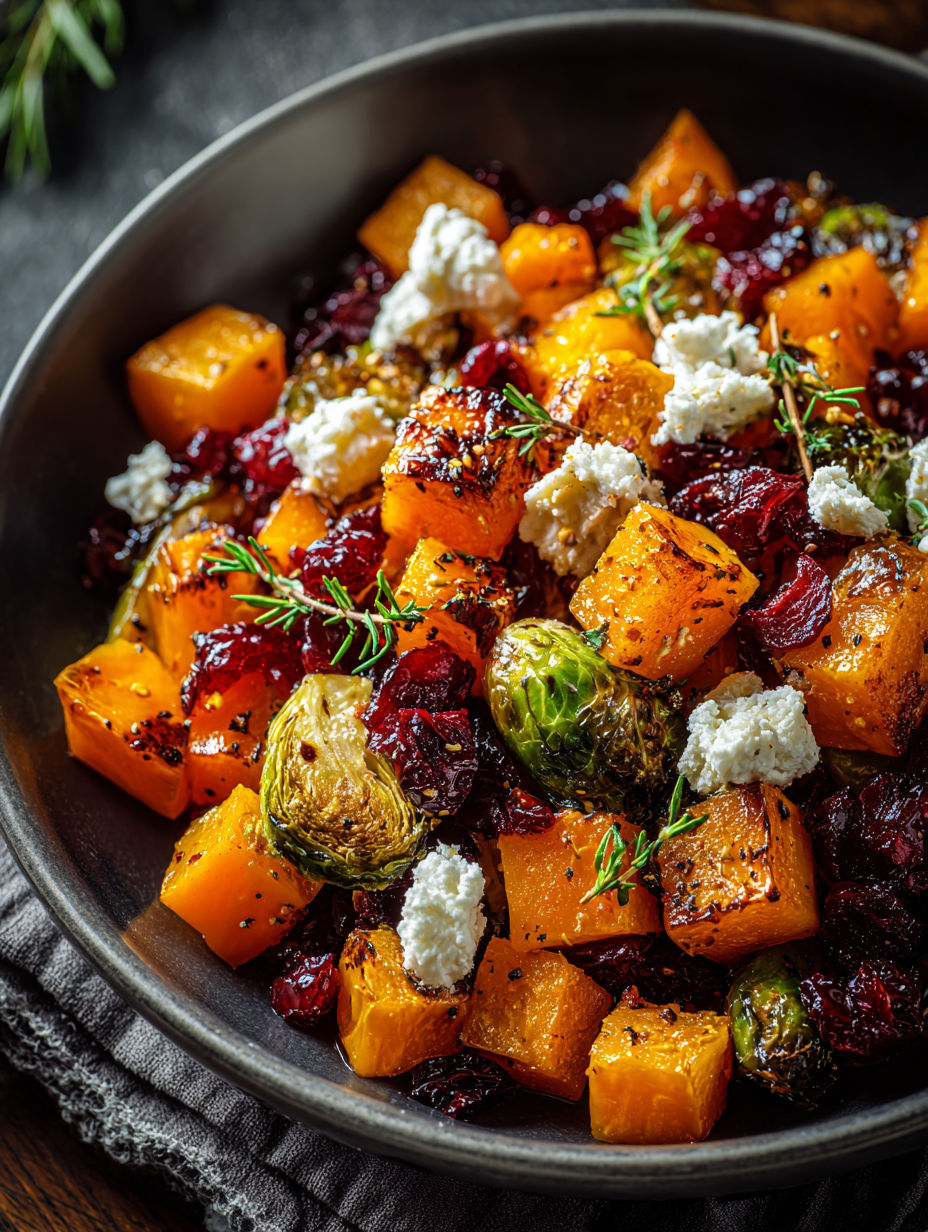 A bowl of roasted butternut squash with cranberry sauce.