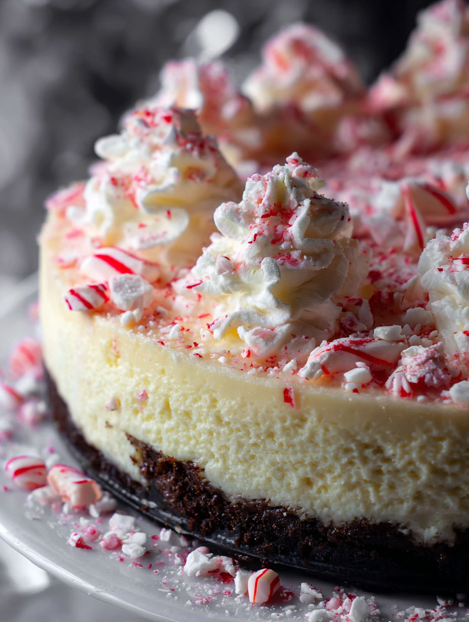 A slice of peppermint cheesecake with white whipped cream.
