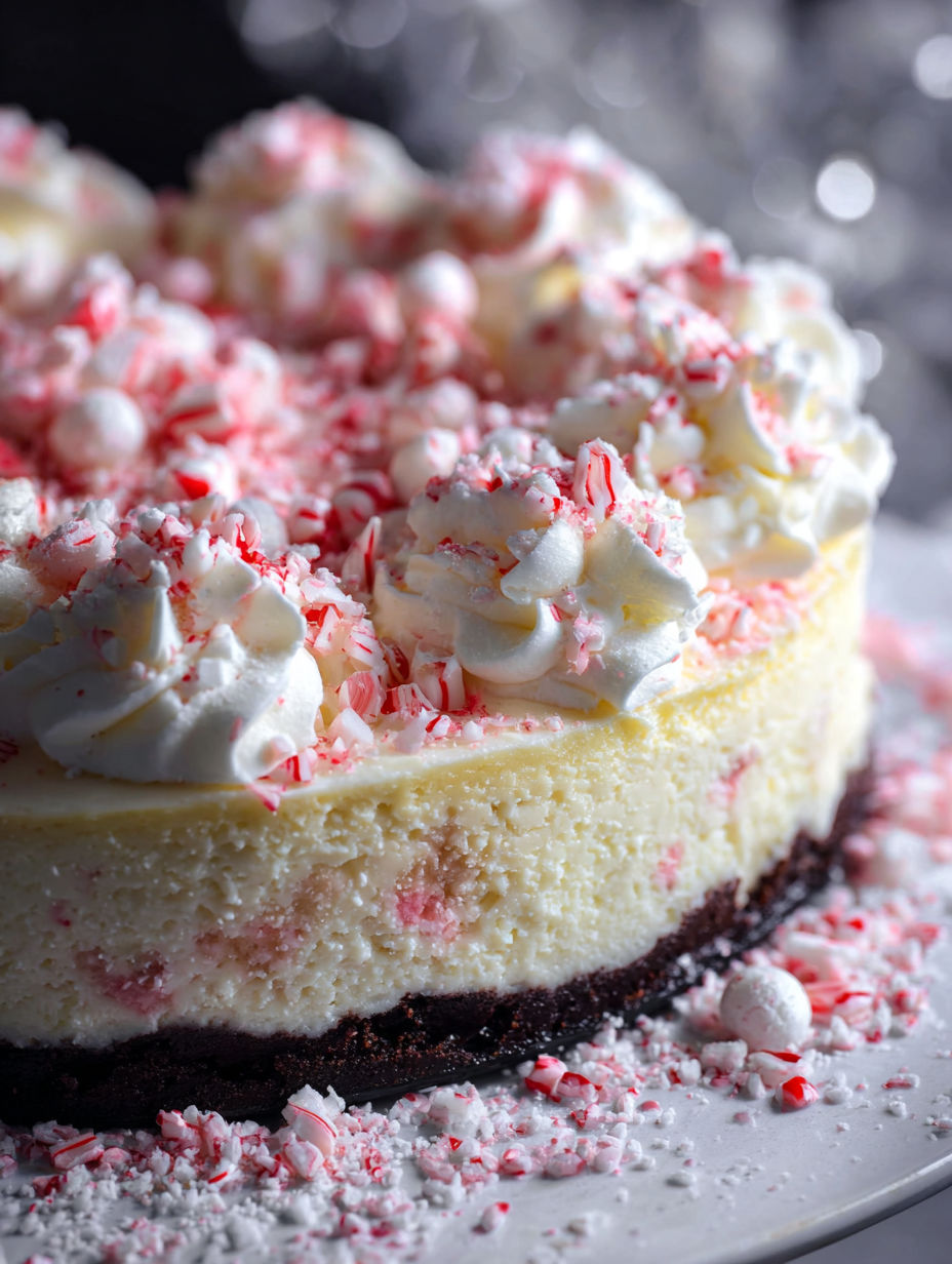 A slice of peppermint cheesecake with white whipped cream.