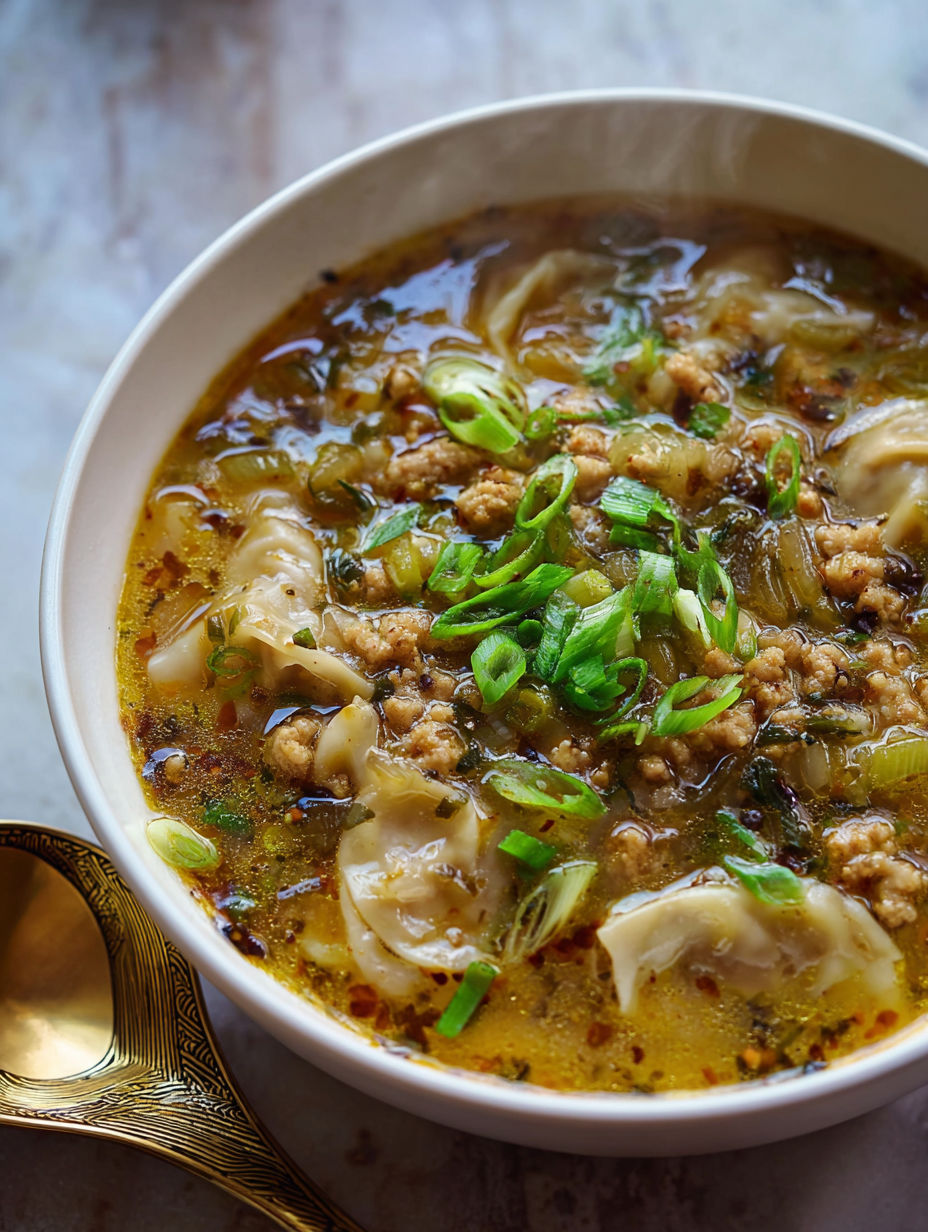 A bowl of soup with meat and vegetables.