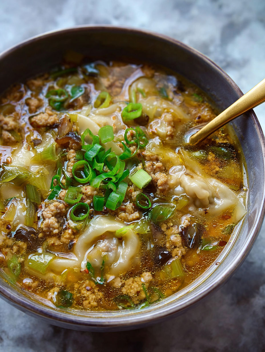 A bowl of soup with meat and vegetables.