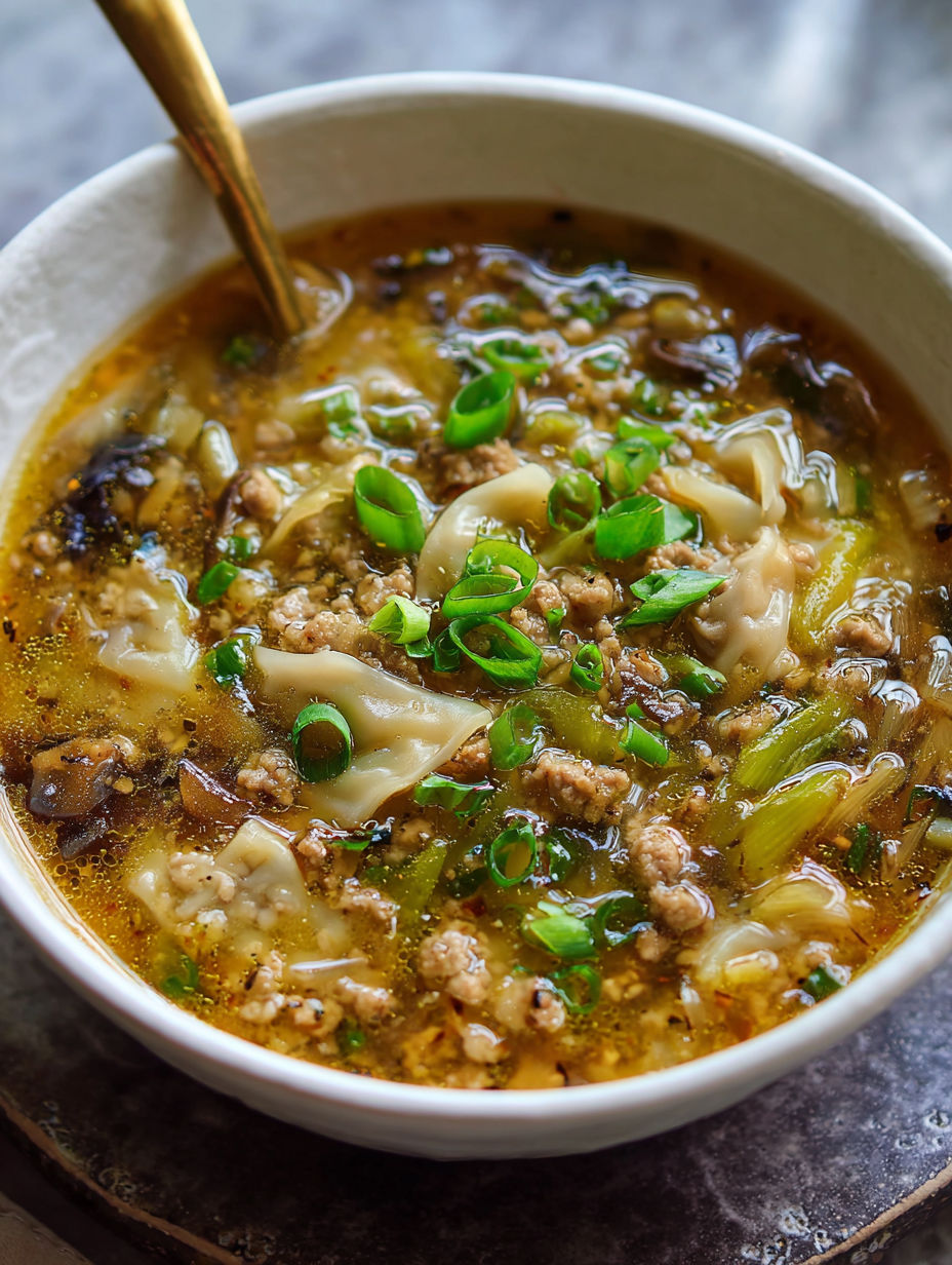A bowl of soup with meat and vegetables.