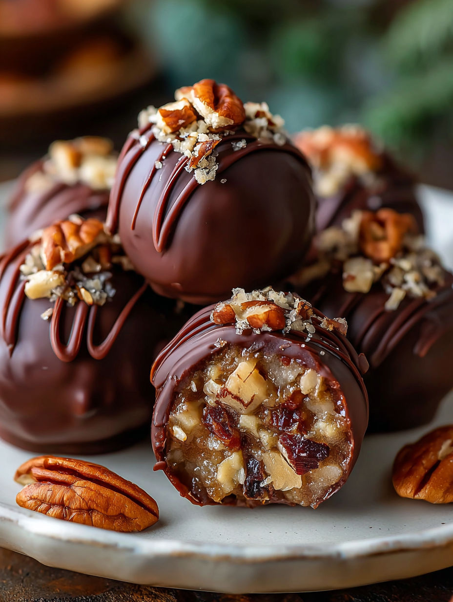 A plate of chocolate covered walnuts.