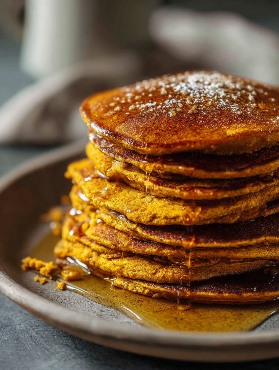 Pumpkin pancakes stacked on a plate.