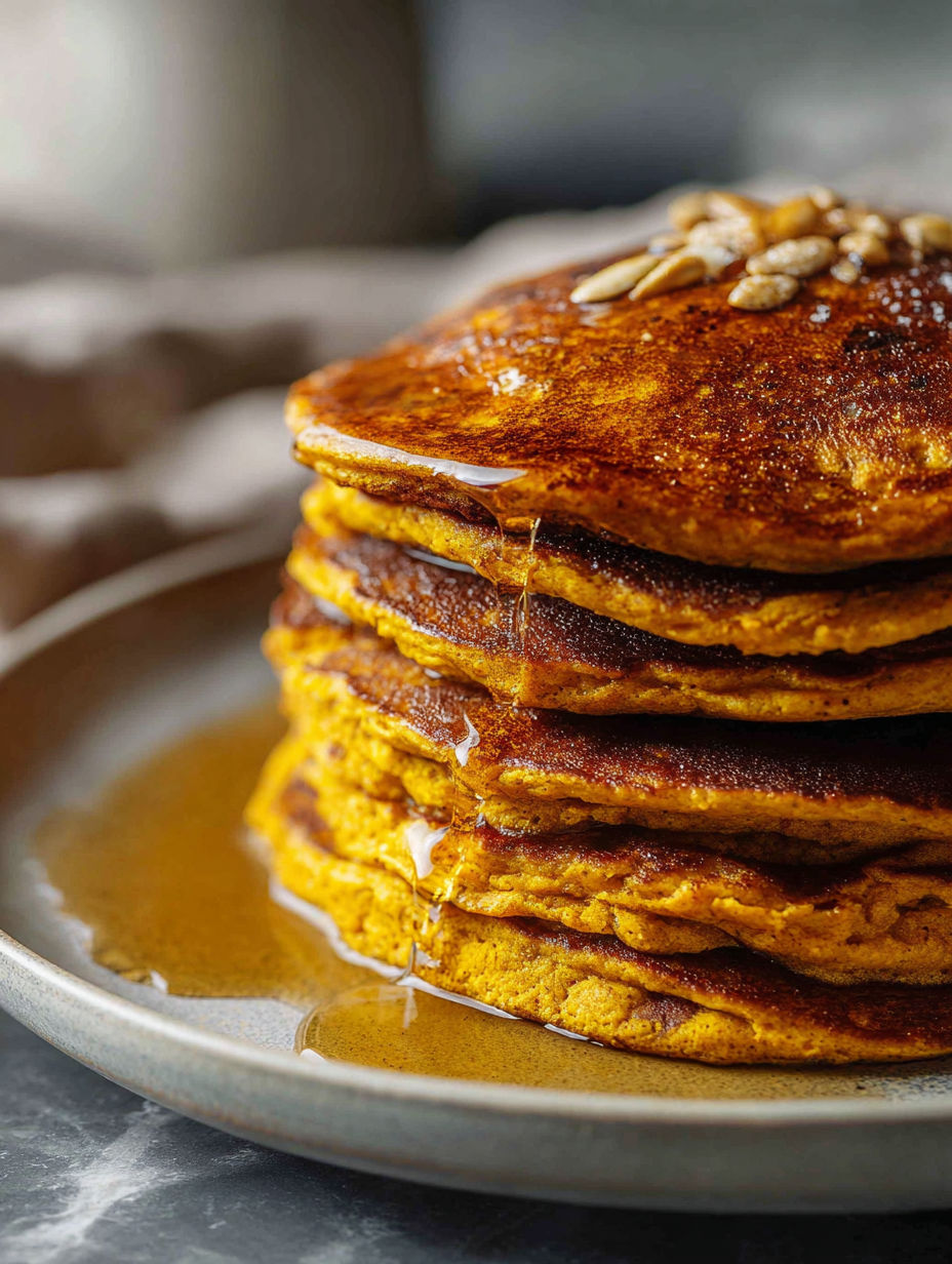 Pumpkin pancakes on a plate.