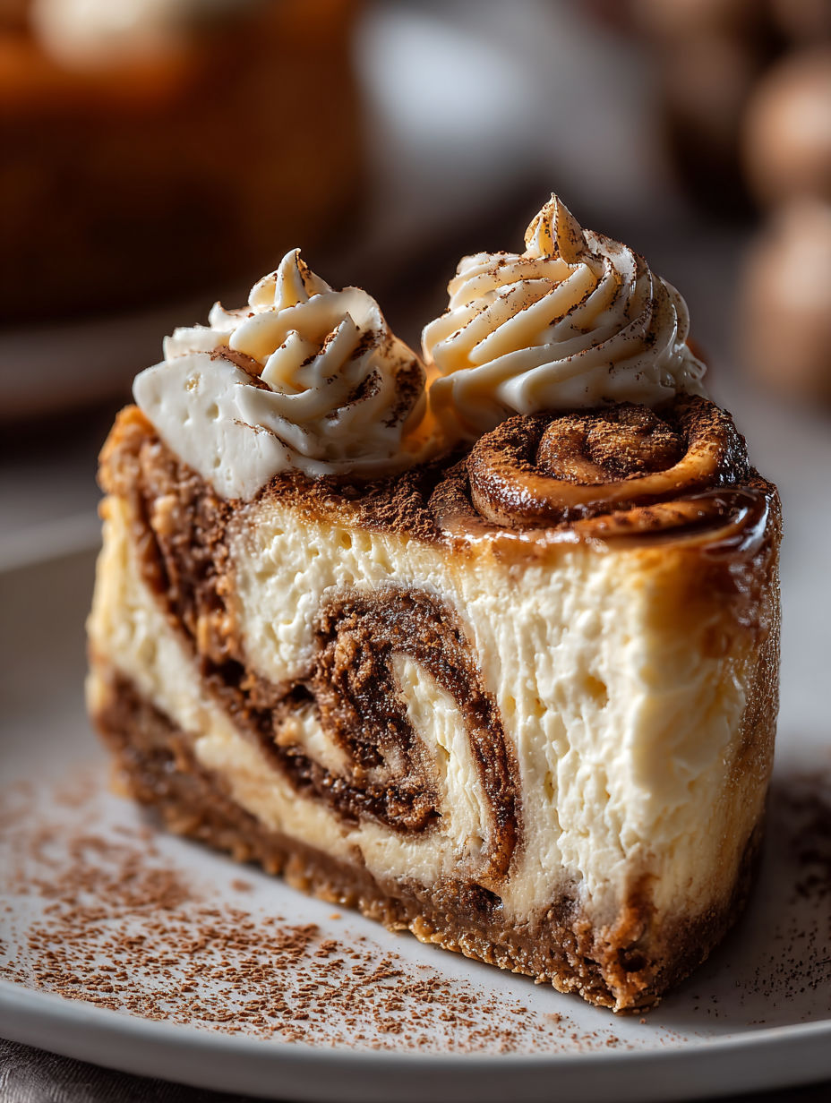 A slice of cinnamon roll cheesecake.