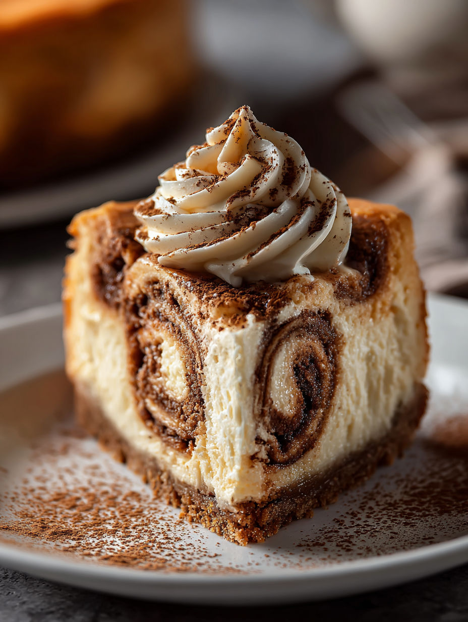 A slice of cinnamon roll cheesecake.