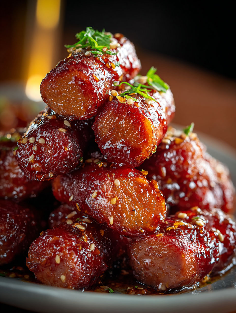 A plate of hot honey garlic lil smokies.