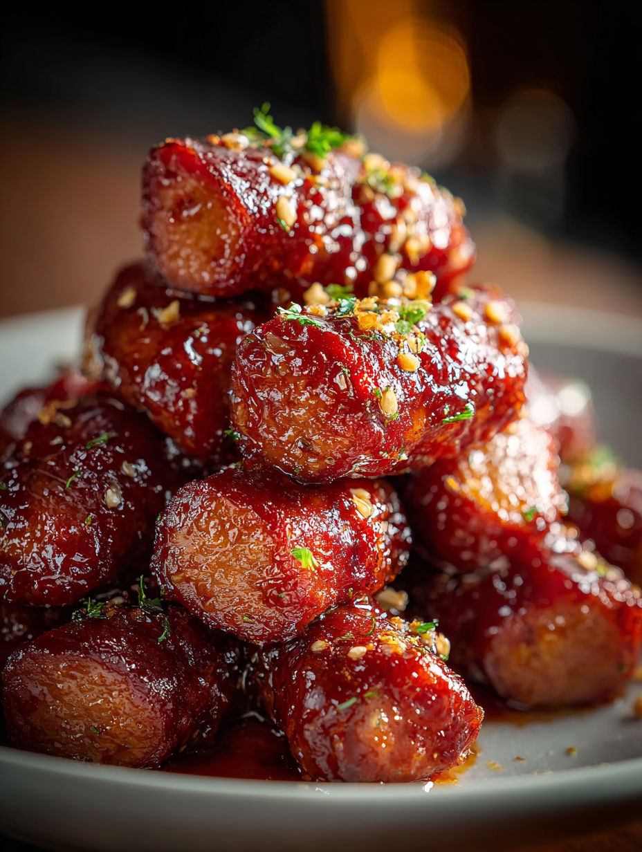 A plate of hot honey garlic lil smokies.