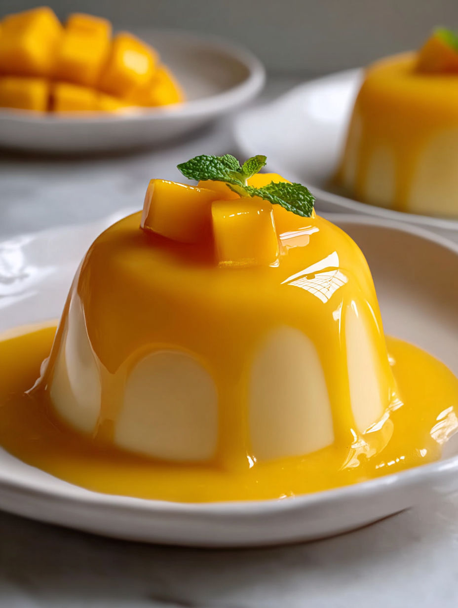 A yellow dessert with a green garnish on top.