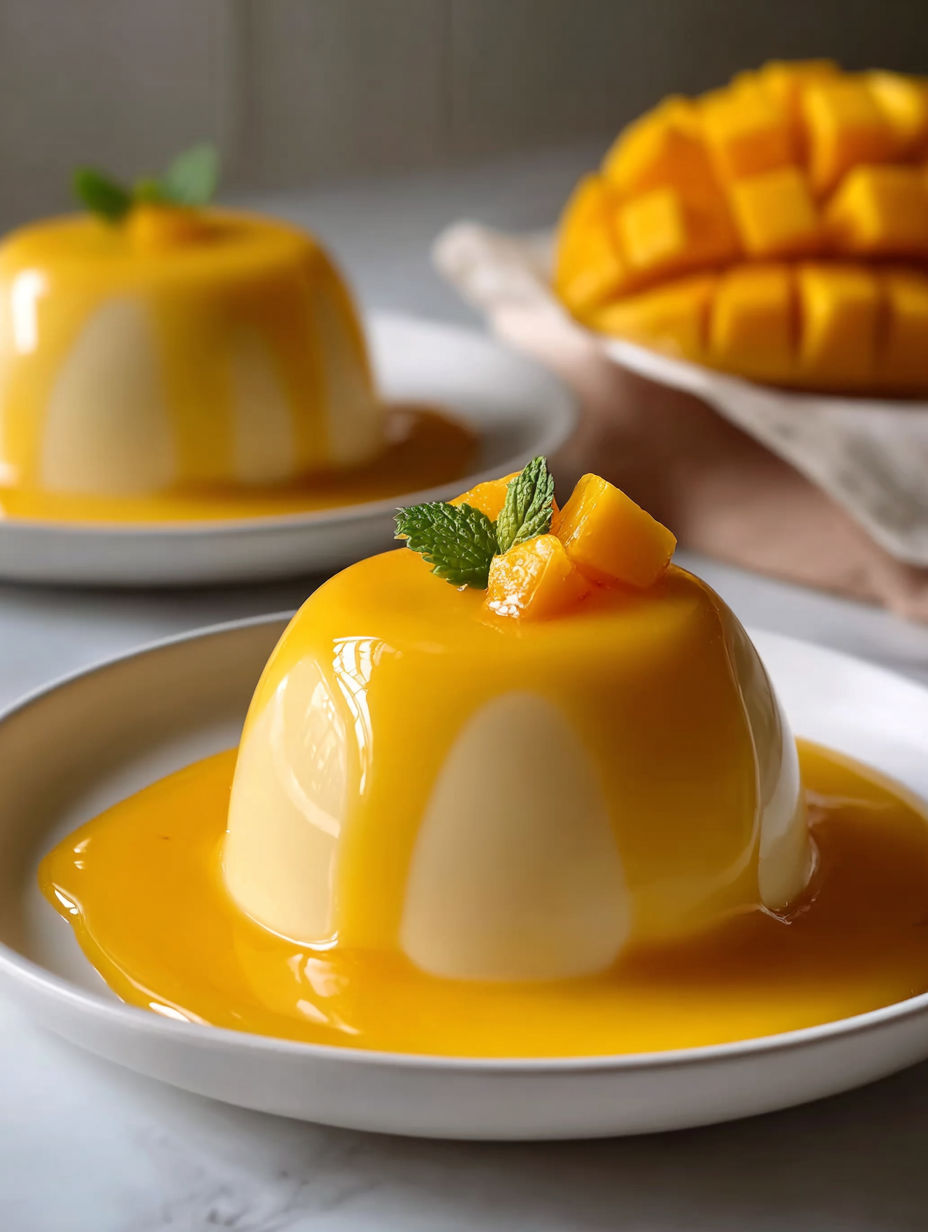 A yellow dessert with a green garnish on a white plate.