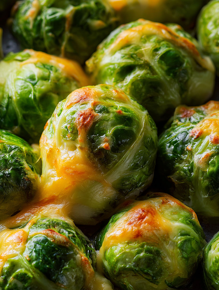 A close up of a plate of Brussels sprouts with cheese.