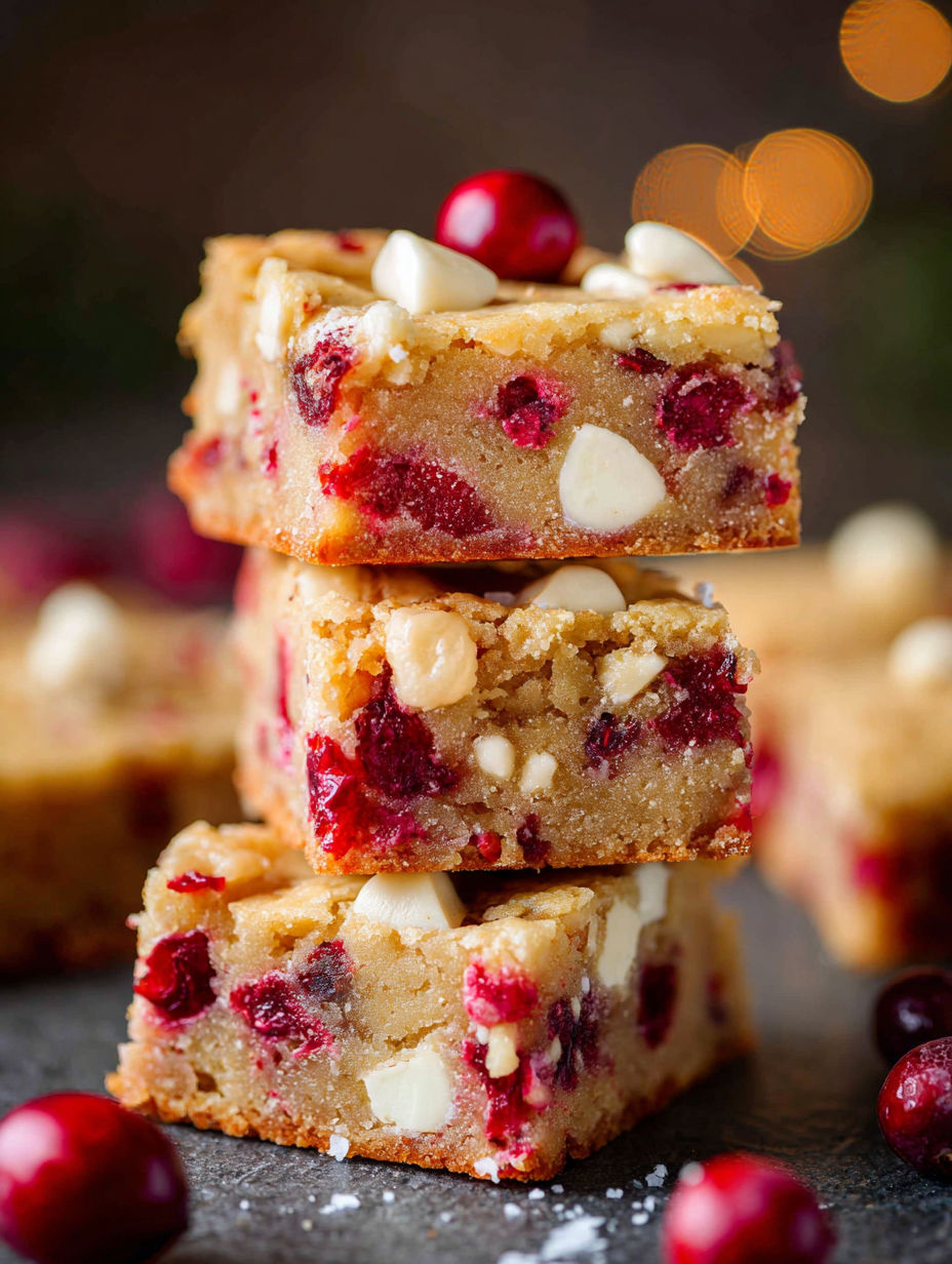 A stack of cranberry white chocolate blondies.