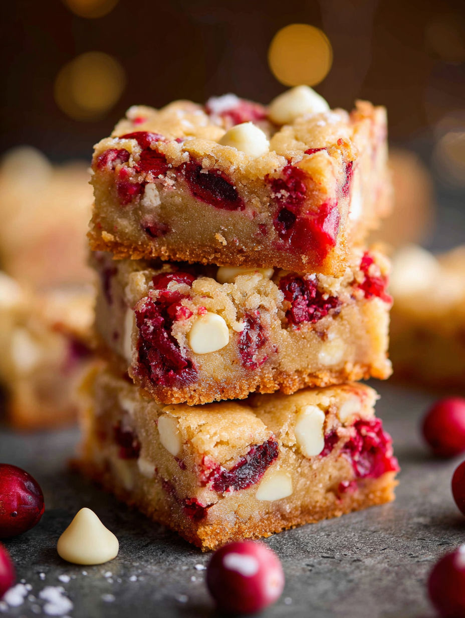A stack of three blondies with white chocolate and cranberries.
