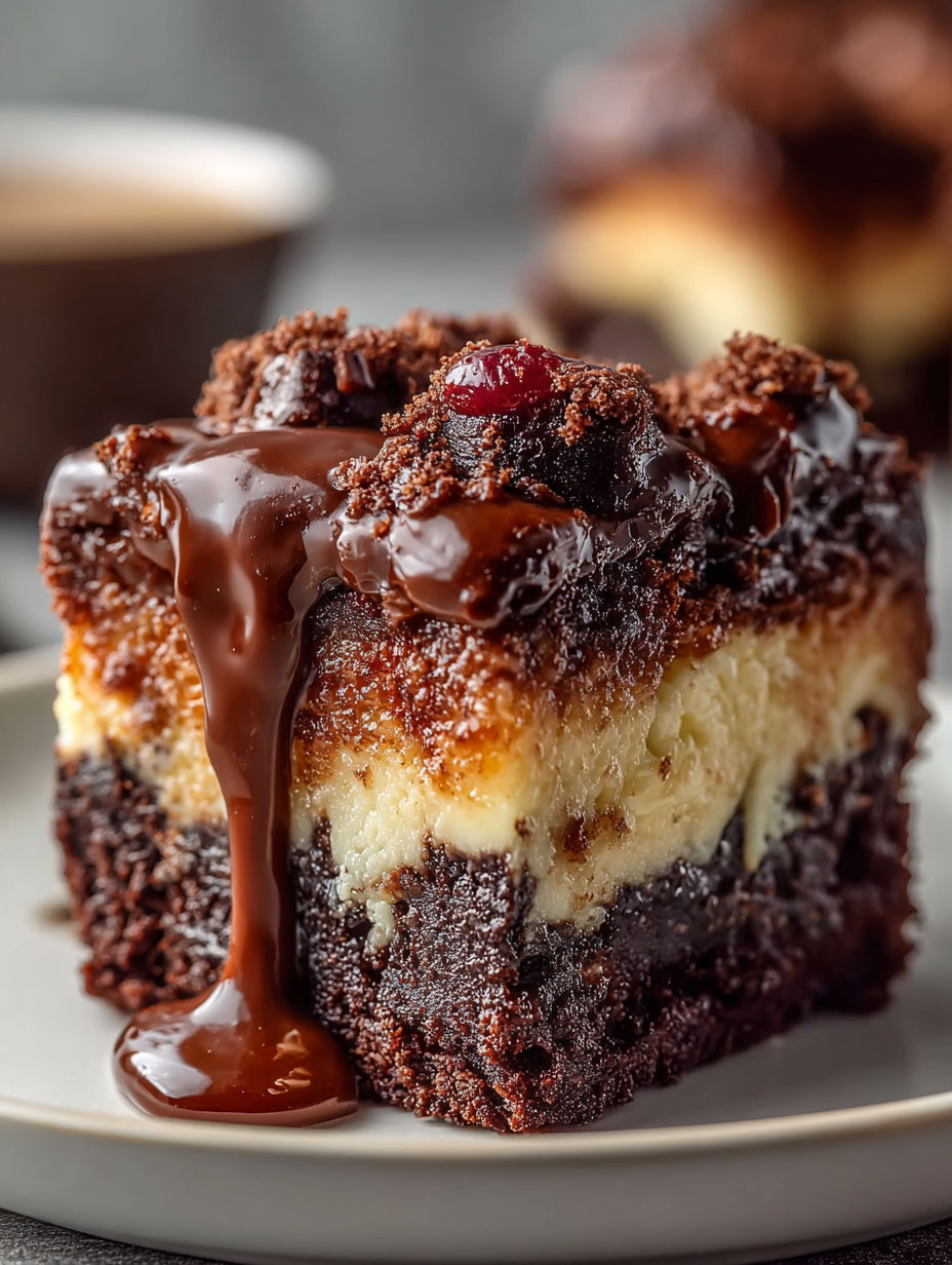 A slice of Irresistible Earthquake Cake with chocolate drizzle.