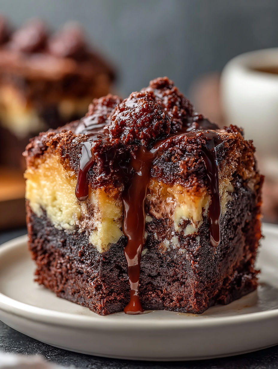 A slice of chocolate cake with chocolate drizzle.