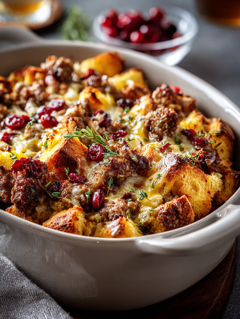 A bowl of Cranberry Sausage Breakfast Casserole.
