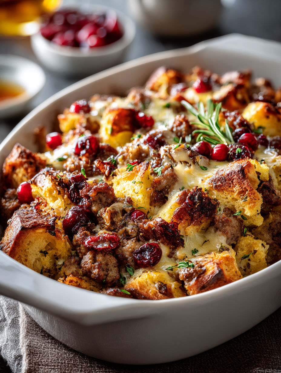A casserole with sausage and cranberries.