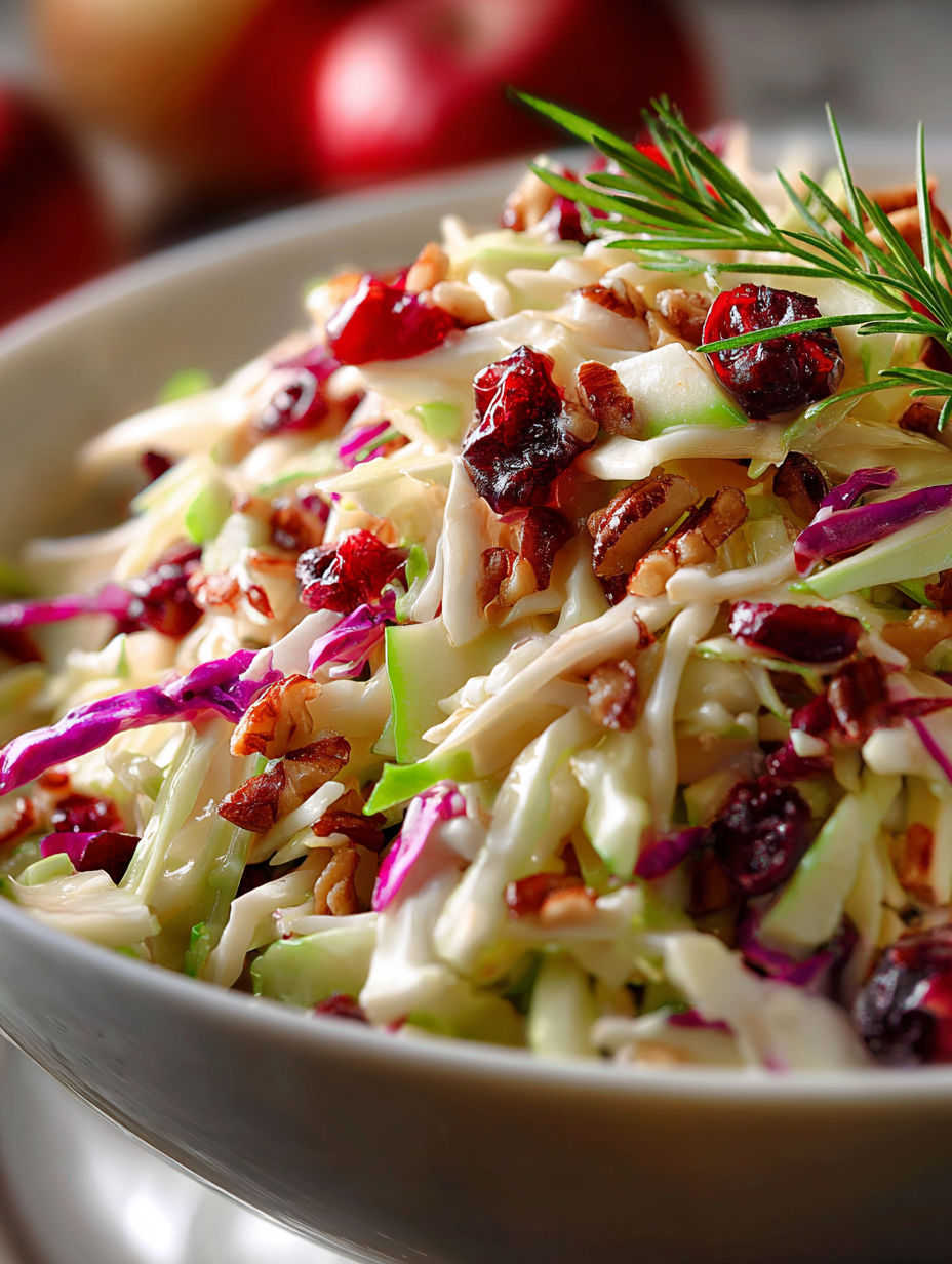 A bowl of coleslaw with cranberries and walnuts.