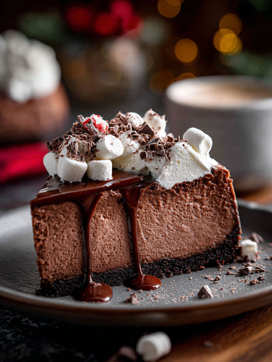 A slice of chocolate cheesecake with chocolate drizzle.