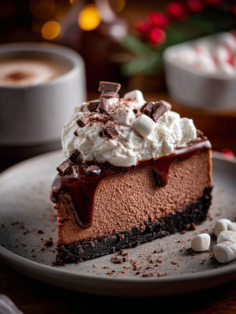 A slice of chocolate cheesecake with chocolate drizzle.