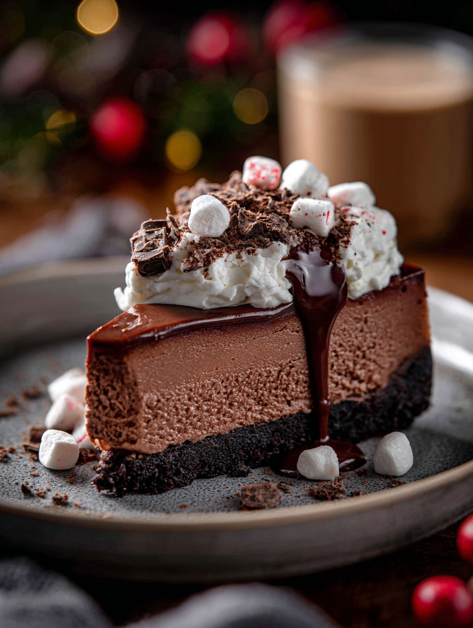 A slice of chocolate cheesecake with chocolate drizzle.