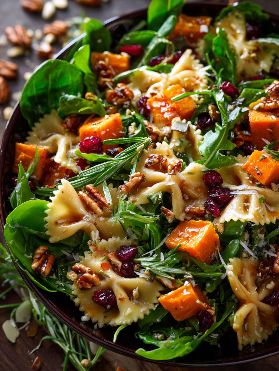 A bowl of pasta salad with cranberries, walnuts, and spinach.