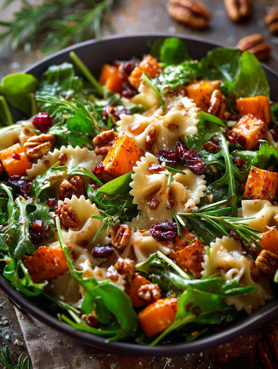 A bowl of salad with pasta, vegetables, and a maple-lime dressing.