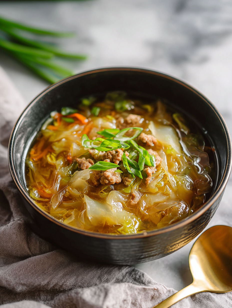 A bowl of soup with vegetables and meat.