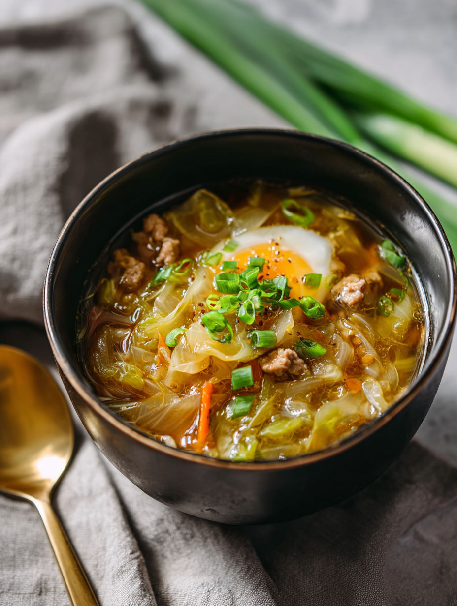 A bowl of soup with meat and vegetables.