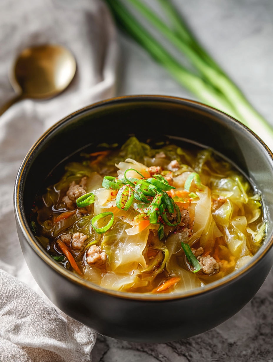 A bowl of soup with vegetables and meat.