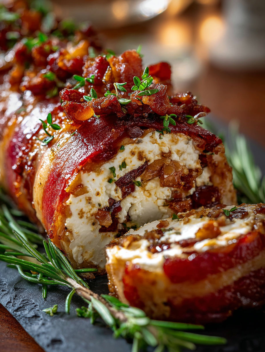 A slice of bacon wrapped around a goat cheese log.