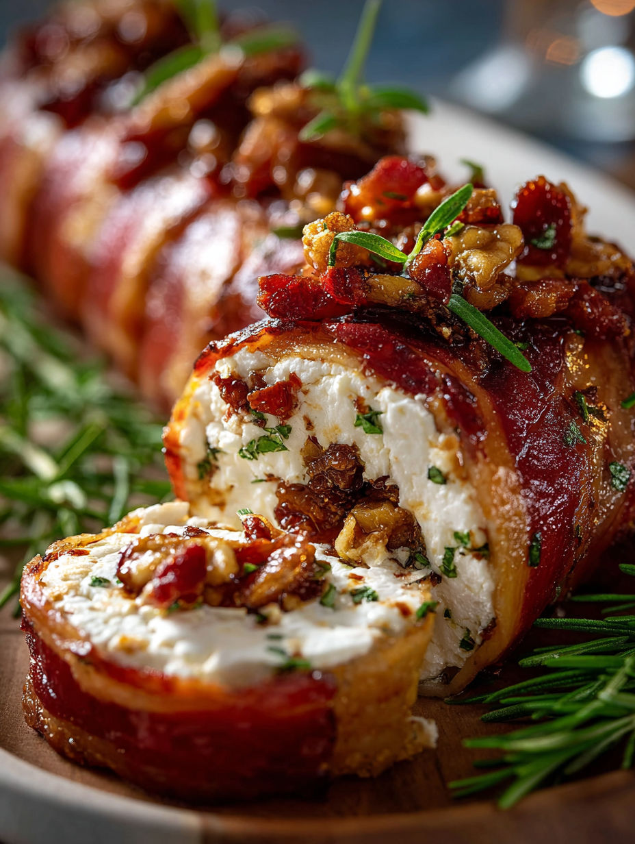 A slice of bacon with goat cheese and nuts on top.