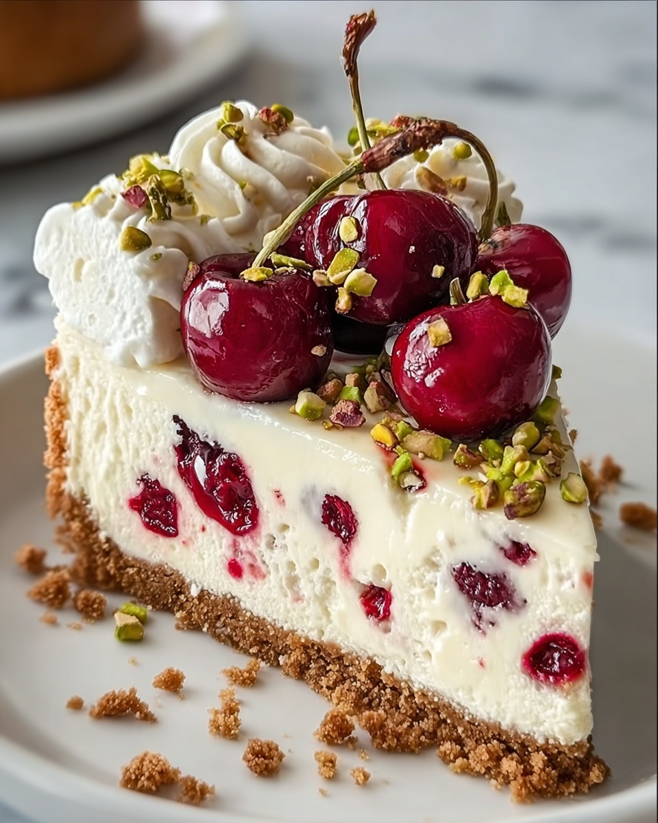 A slice of cherry pistachio cheesecake.