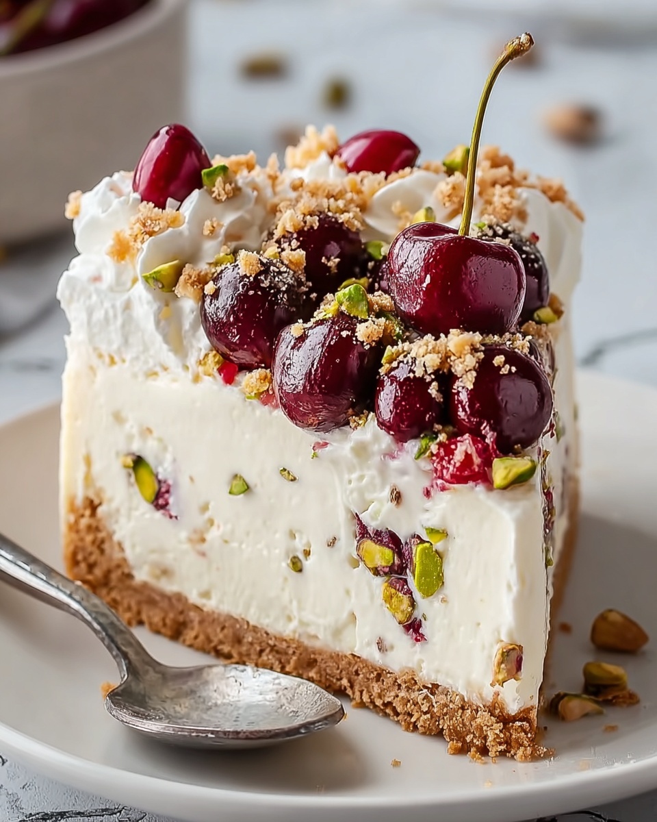 A slice of cherry pistachio cheesecake.