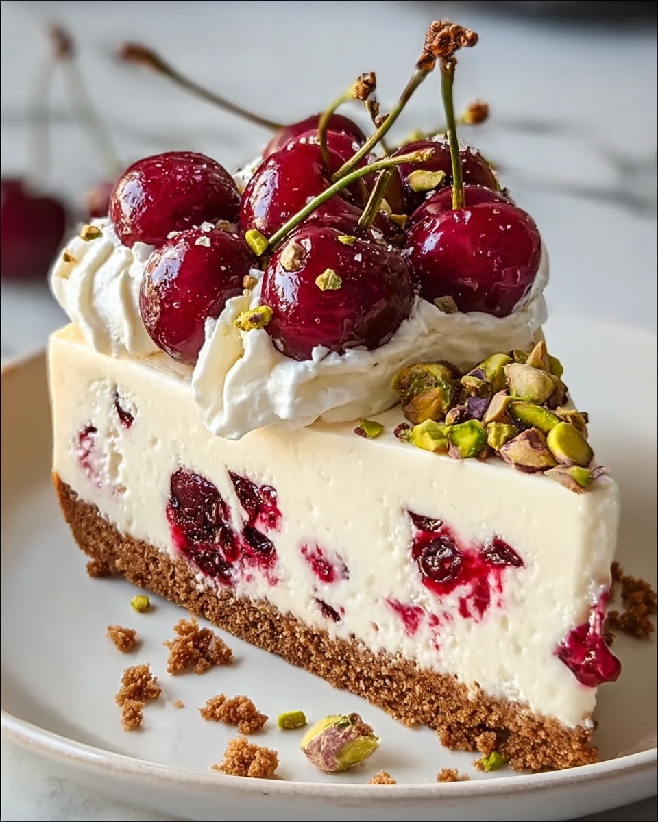 A slice of cherry pistachio cheesecake with a cherry on top.