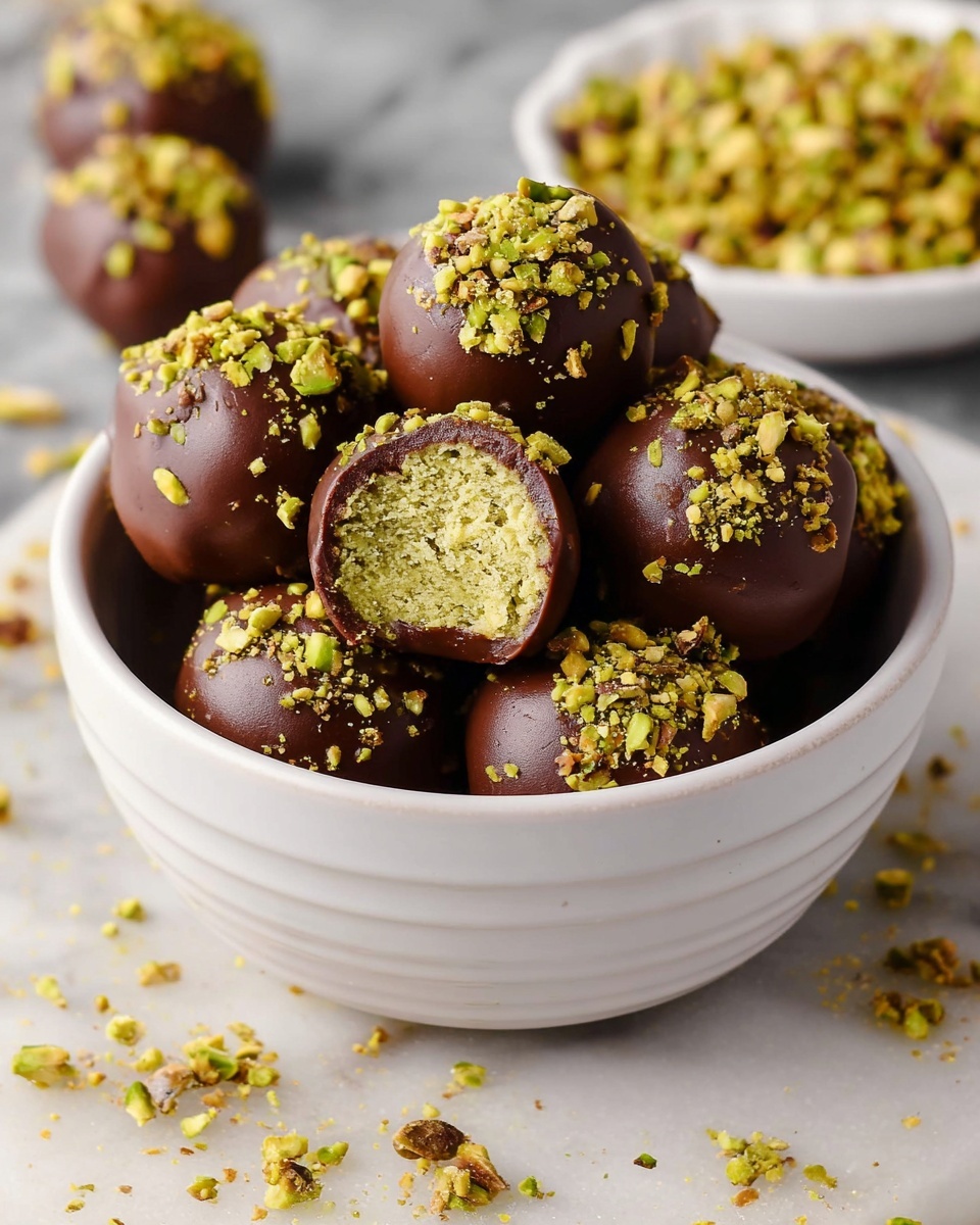 A bowl of chocolate balls with nuts on top.