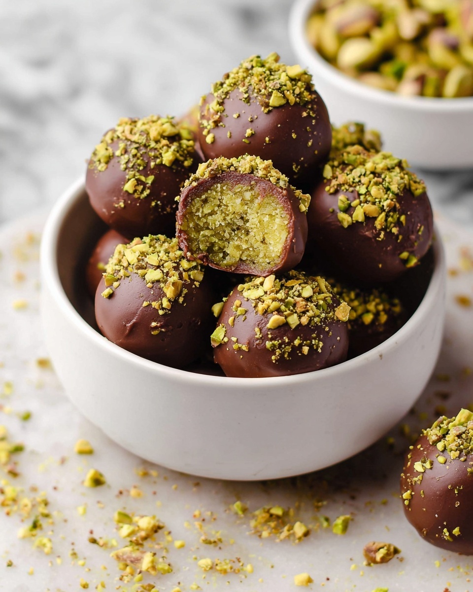 A bowl of chocolate balls with pistachio toppings.