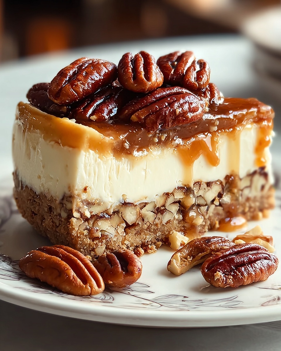 A slice of gooey butter cake with pecans on top.