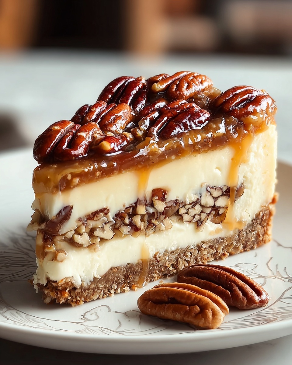 A slice of gooey butter cake with pecans.