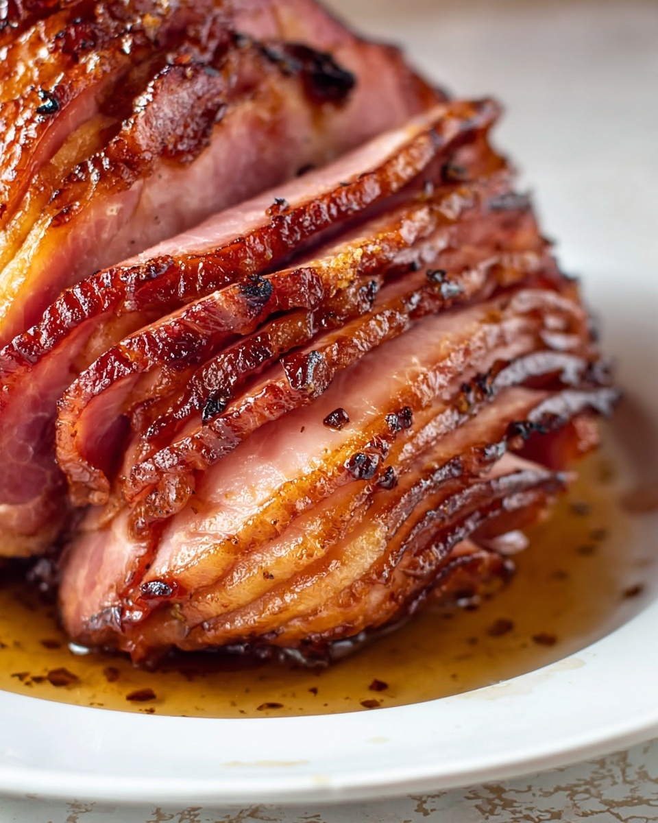 A close up of a pork roast with a glaze.