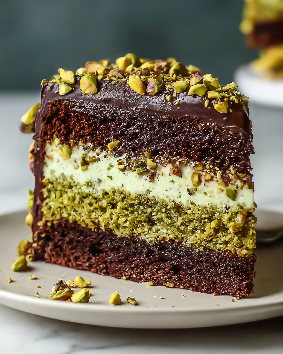 A slice of chocolate pistachio cake.
