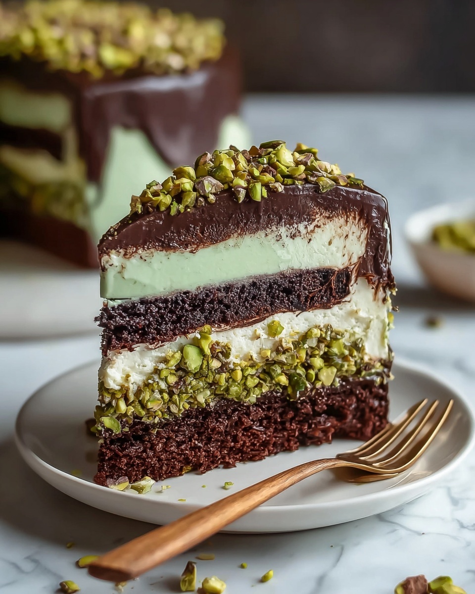 A slice of chocolate pistachio cake on a plate.