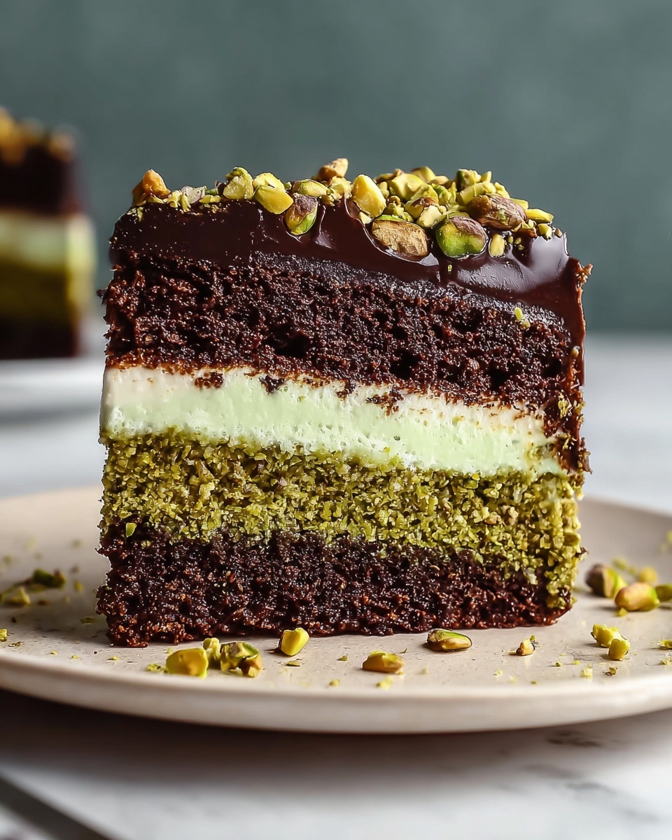 A slice of chocolate pistachio cake.