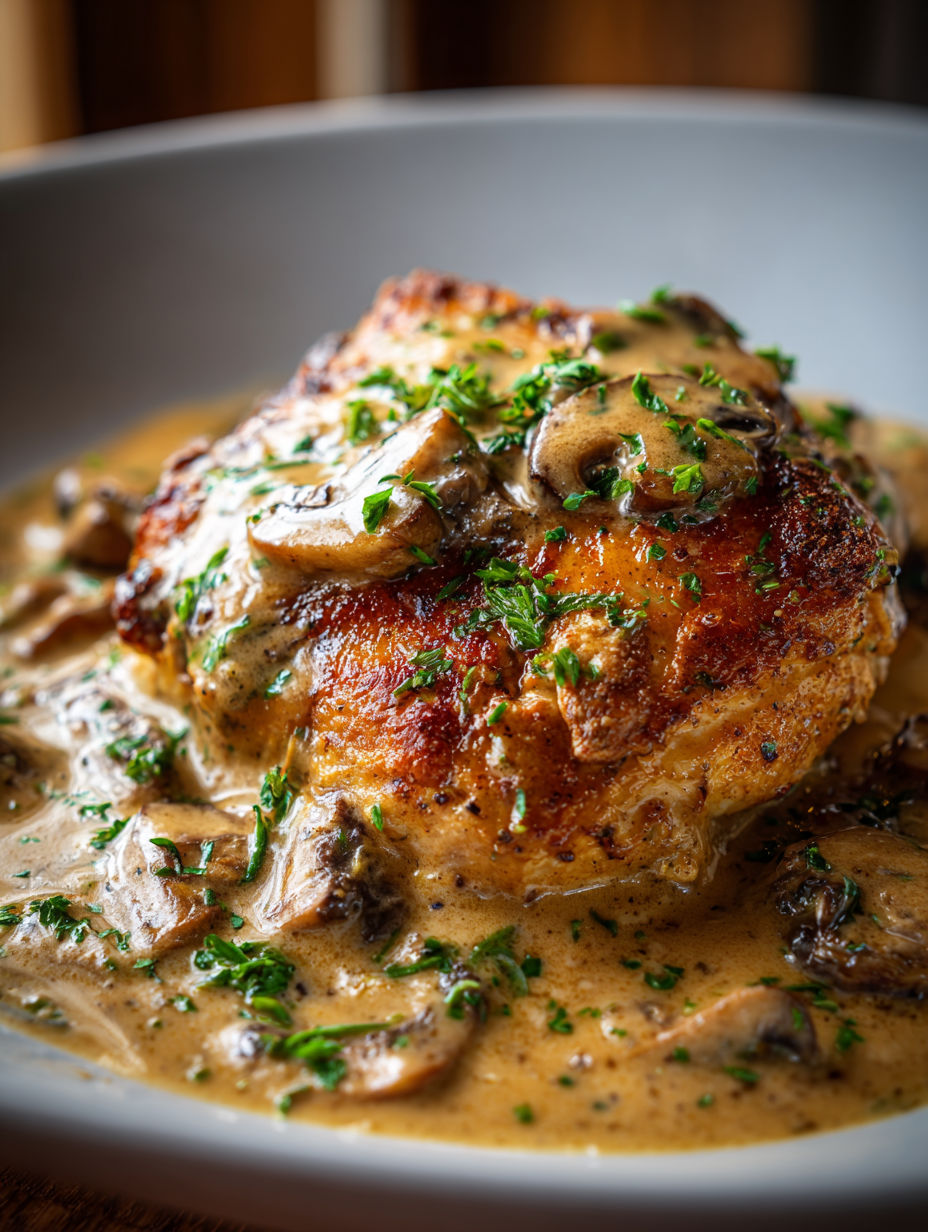 A close up of a chicken dish with mushrooms and gravy.
