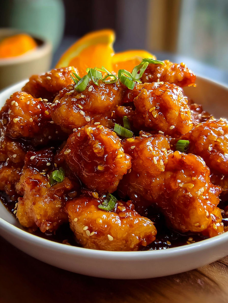 A bowl of orange chicken with a green garnish.