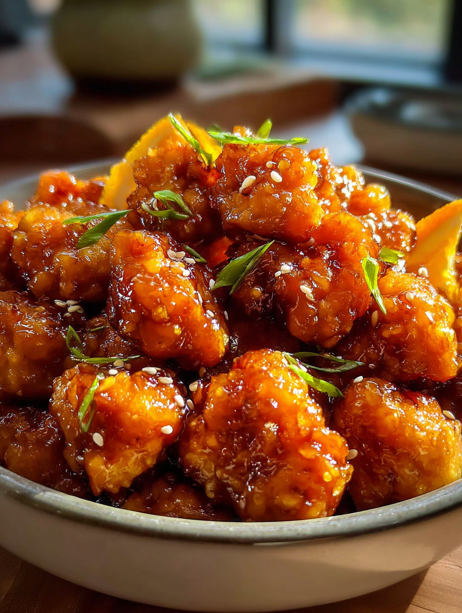 A bowl of crispy baked orange chicken.