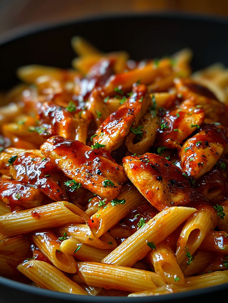 A close up of a delicious one-pan tangy honey BBQ chicken penne.
