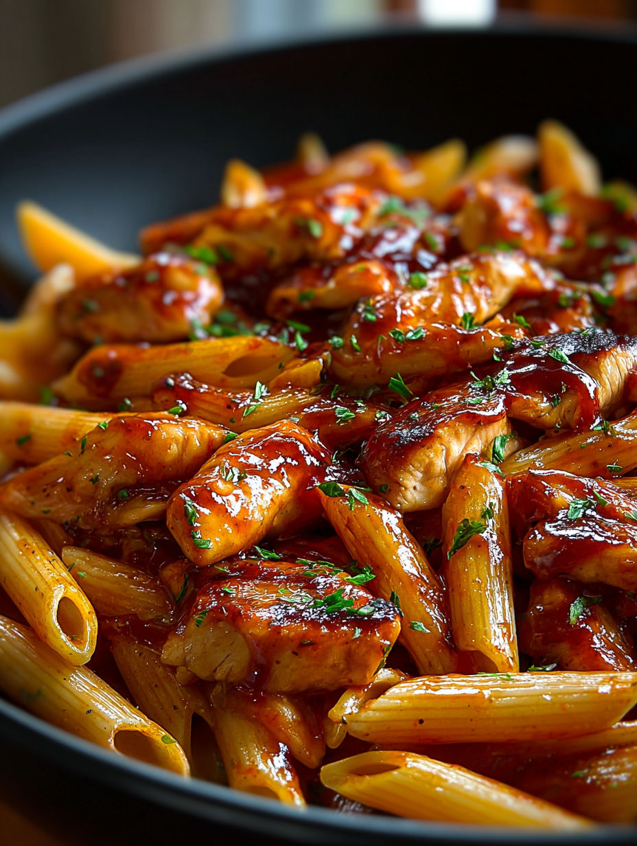 A delicious one-pan tangy honey BBQ chicken penne.